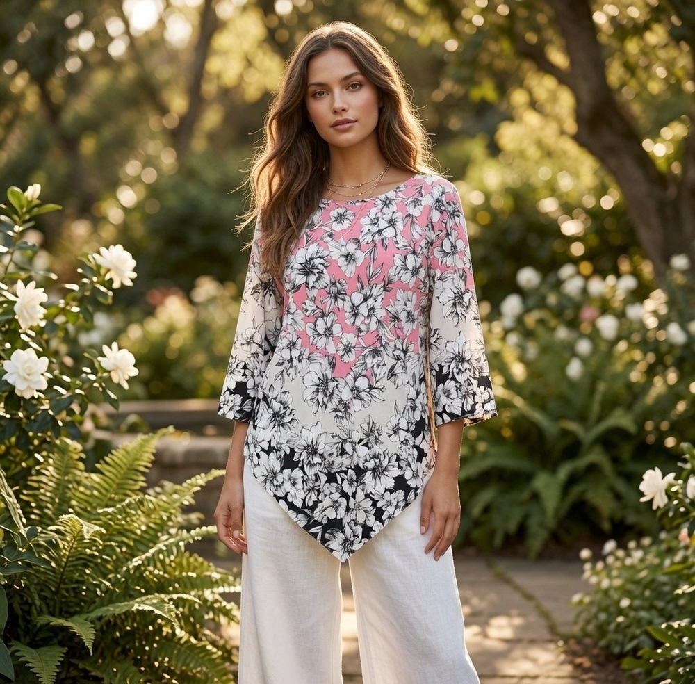 Alfani Pink Black White Floral Print Tunic Top 3/4 Sleeve Blouse Sz Petite L VG